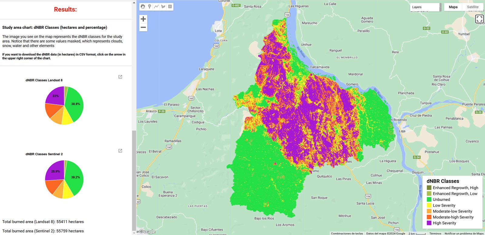 Burn severity application with a satellite map and analysis results
