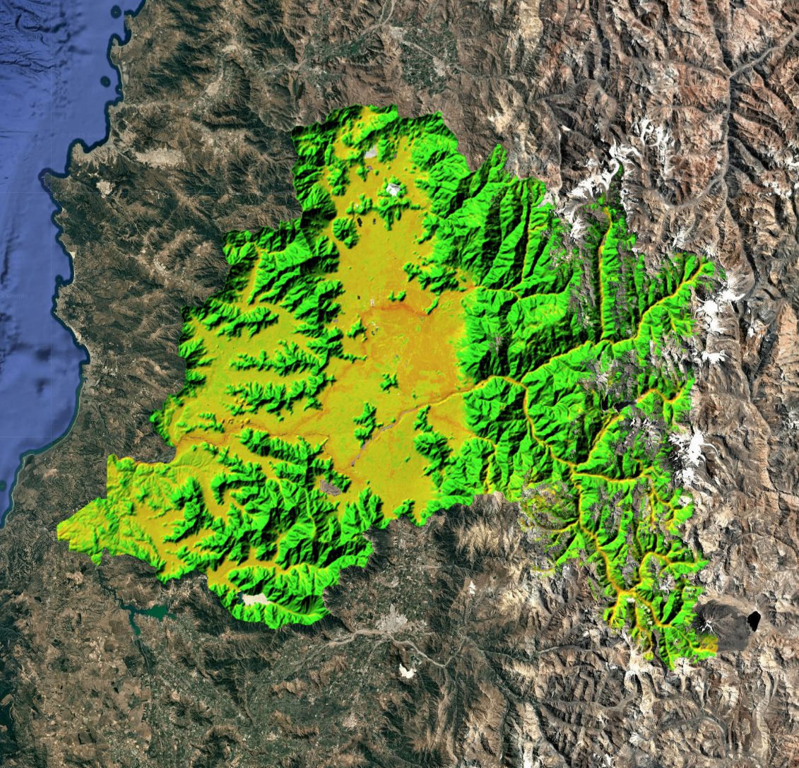 Visor Floods RM: índice de susceptibilidad a inundaciones en la Región Metropolitana sobre imagen satelital