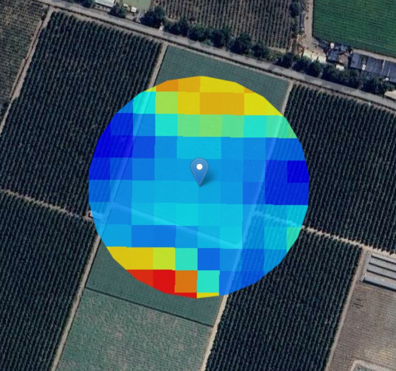 GreenHeat Explorer: grilla de píxeles de vegetación y temperatura superficial sobre un área agrícola