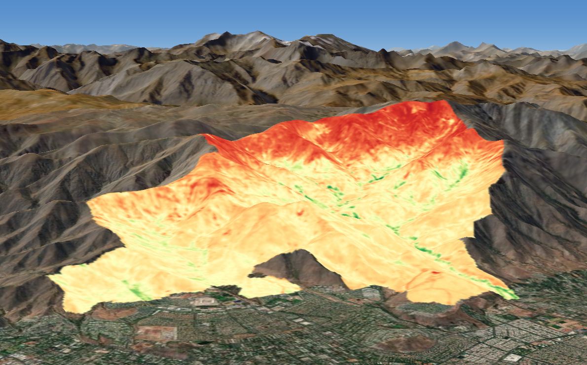 Visualización 3D de un índice de vegetación derivado de imágenes satelitales