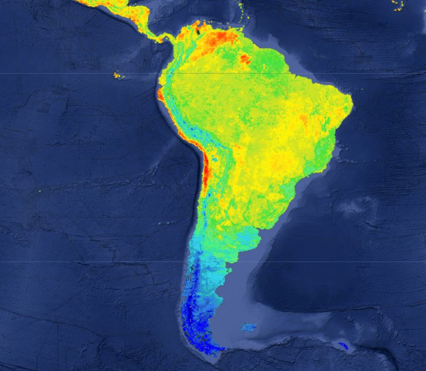Mapa predictivo de una variable ambiental sobre Sudamérica